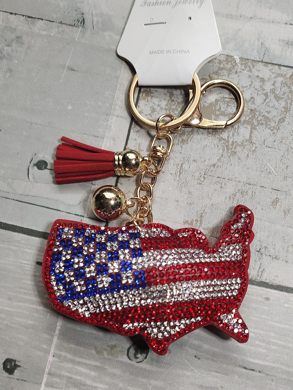 🇺🇸Rhinestone USA Flag Keychain with Tassel🇺🇸